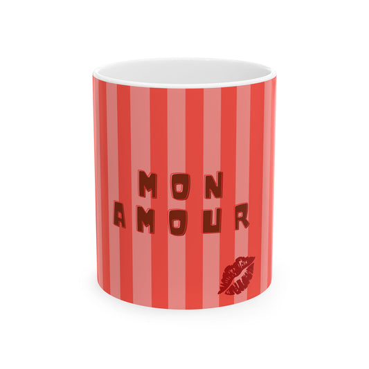 Mug with red and white striped pattern and 'MON AMOUR' text on a white background