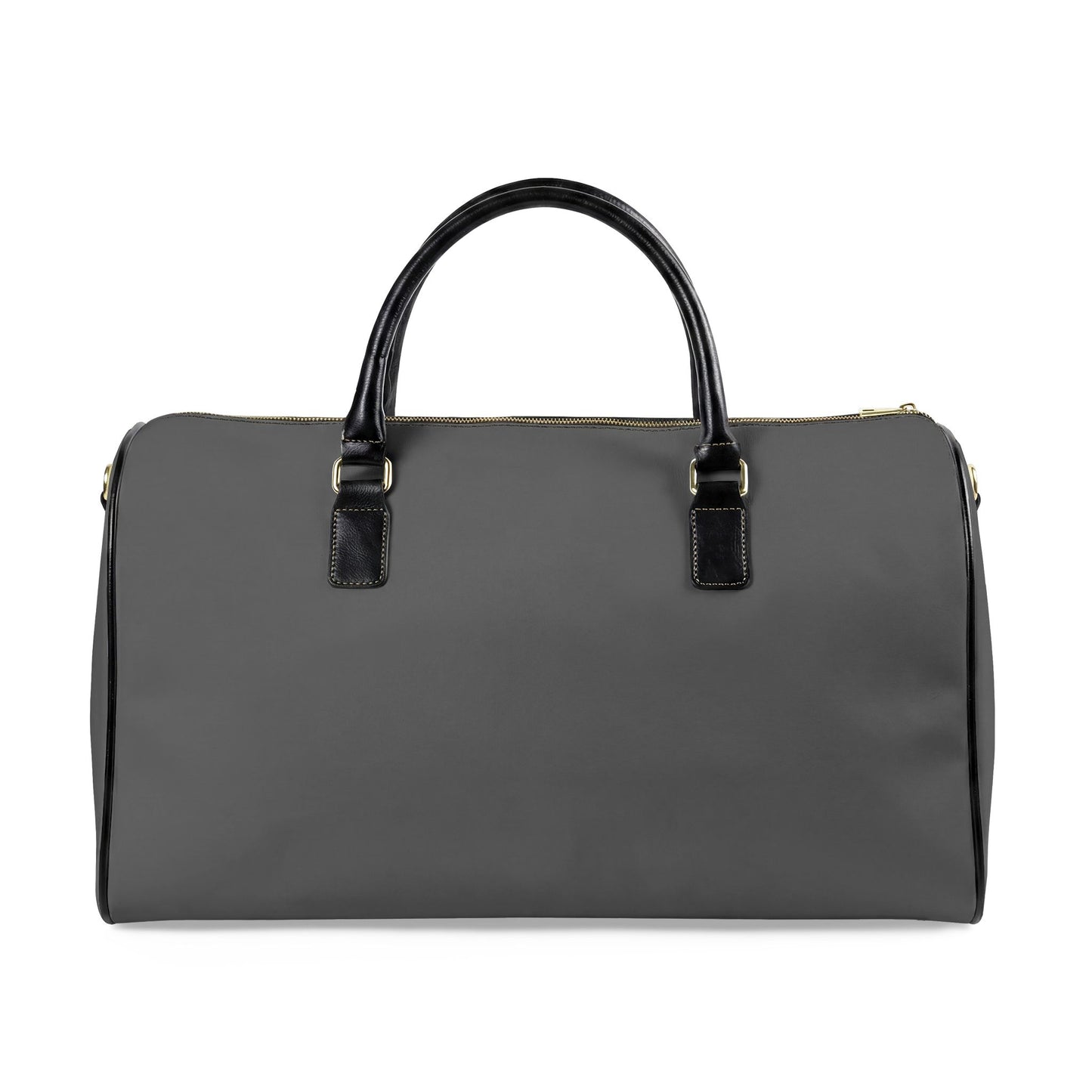 Gray duffel bag with black handles on a white background