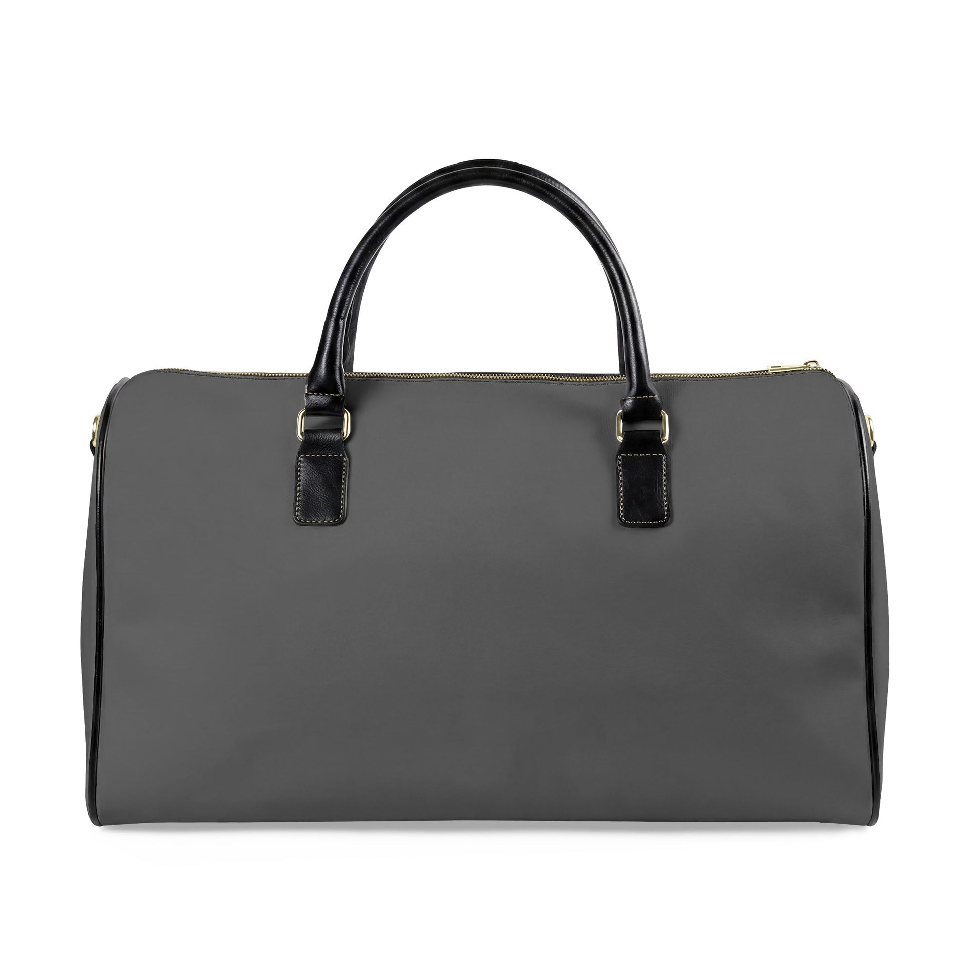 Gray duffel bag with black handles on a white background