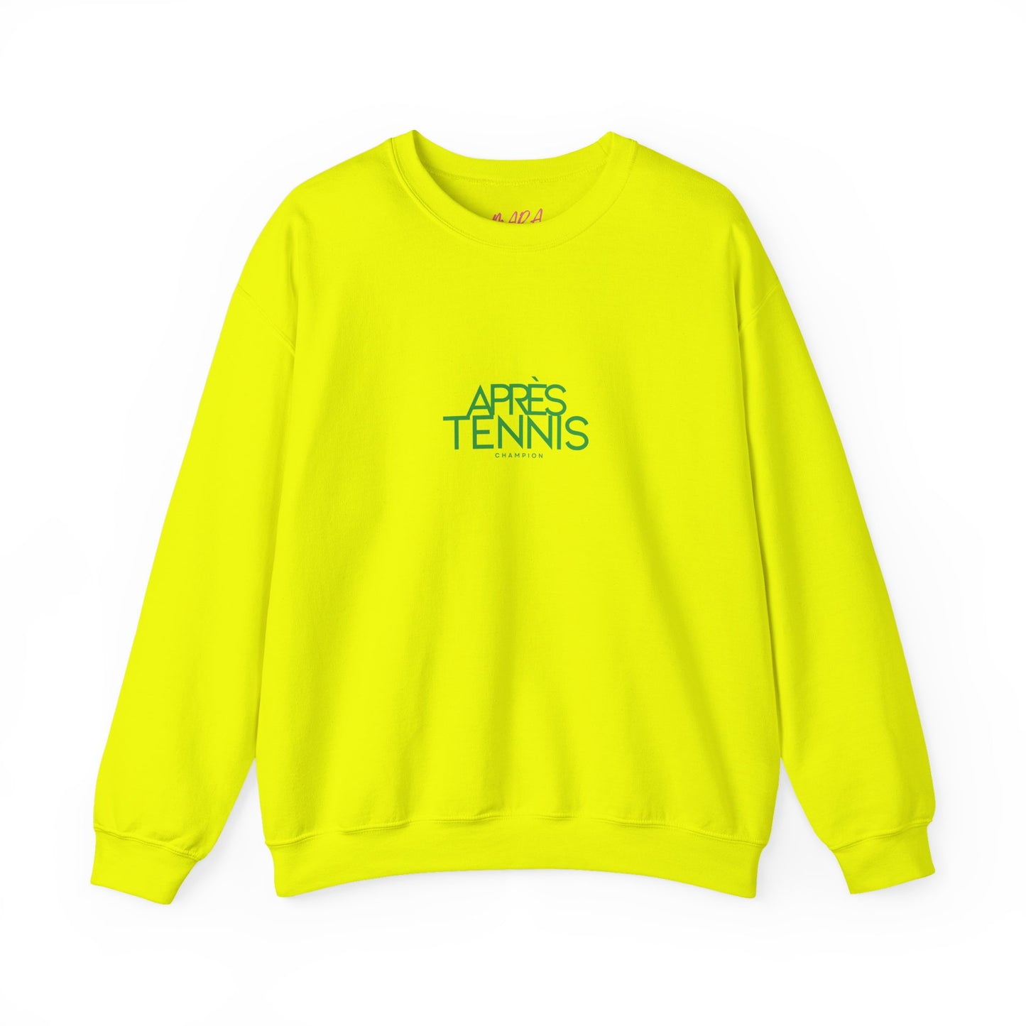 Yellow sweatshirt with 'APRES TENNIS' text on a white background