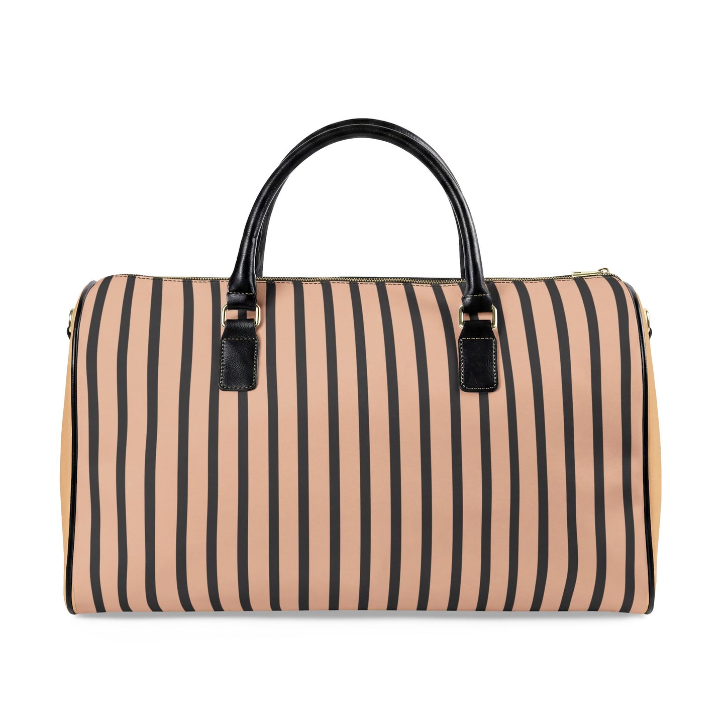 Striped duffel bag with black handles on a white background