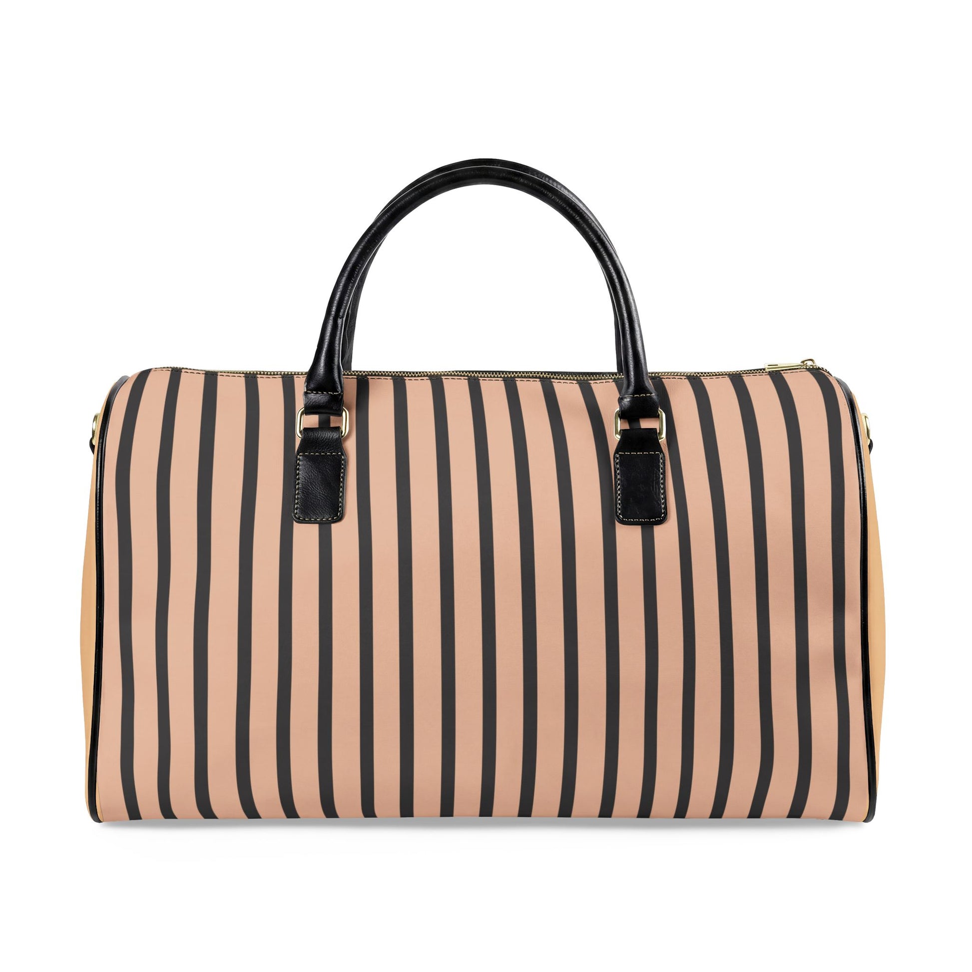 Striped duffel bag with black handles on a white background