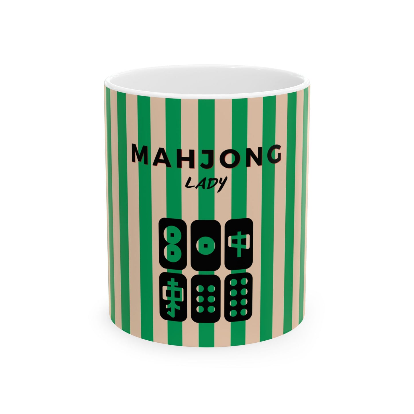 Mug with green and beige striped pattern and 'MAHJONG LADY' text