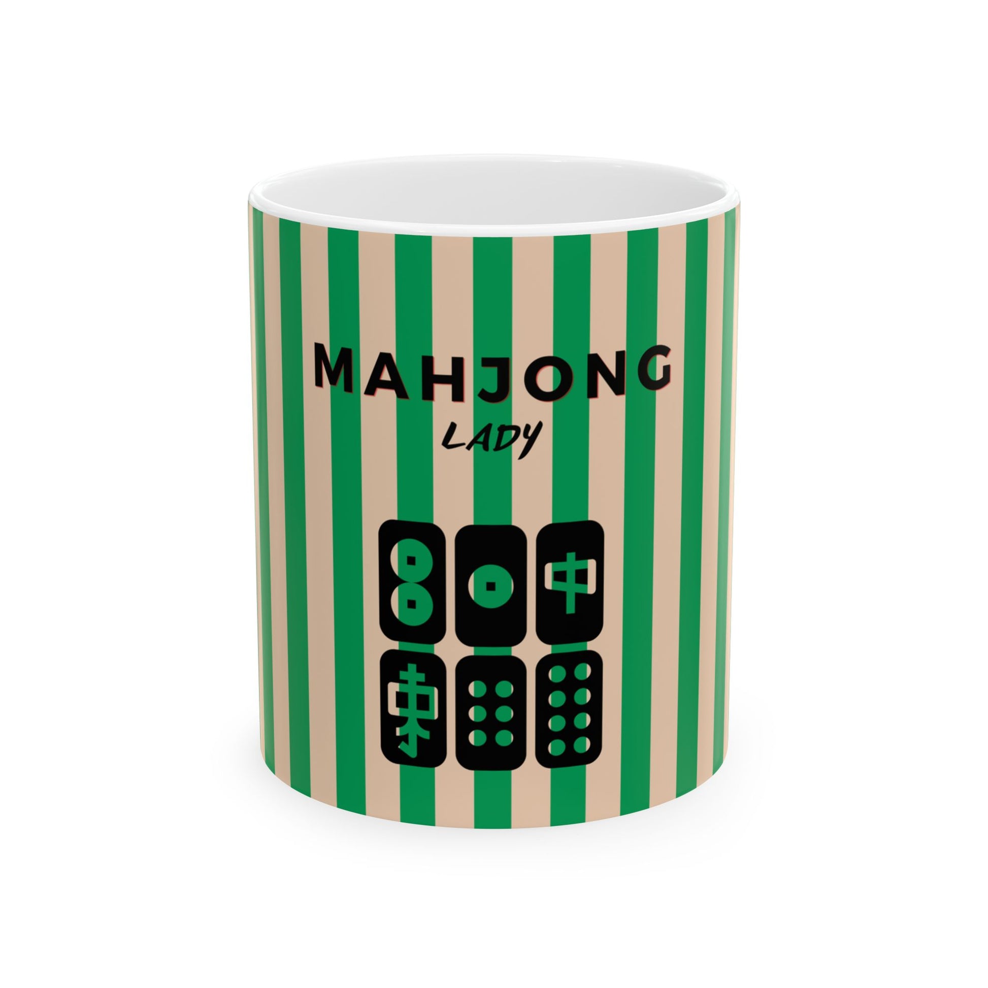 Mug with green and beige striped pattern and 'MAHJONG LADY' text
