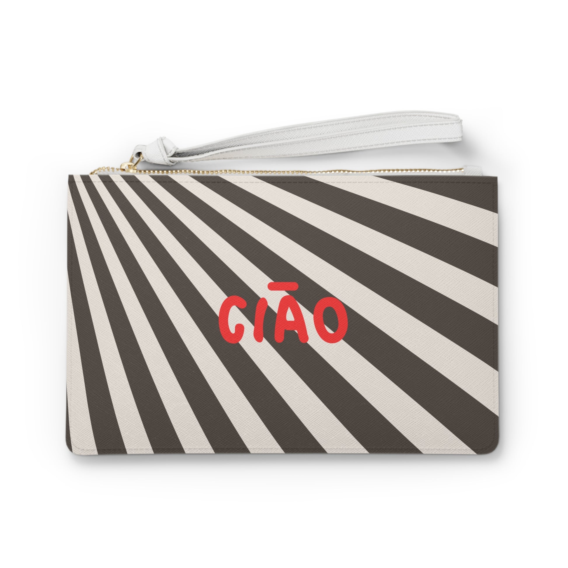 Striped pouch with 'CIAO' text on a white background