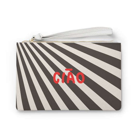 Striped pouch with 'CIAO' text on a white background