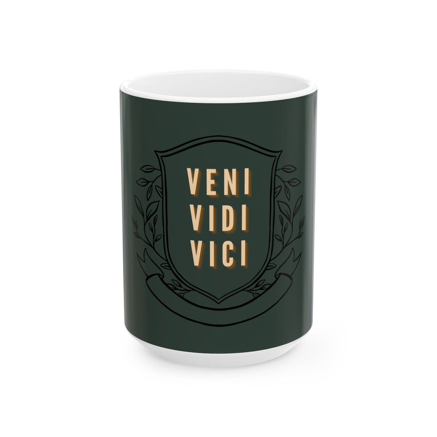 A dark green ceramic mug with a white interior and base, featuring a gold crest design with the text 'VENI VIDI VICI' in the center.