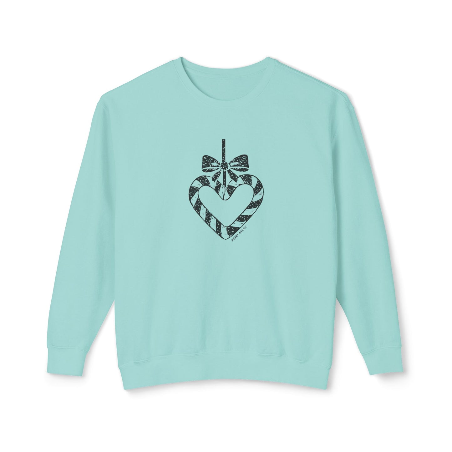 Light blue holiday sweatshirt with a black heart and bow design on a white background