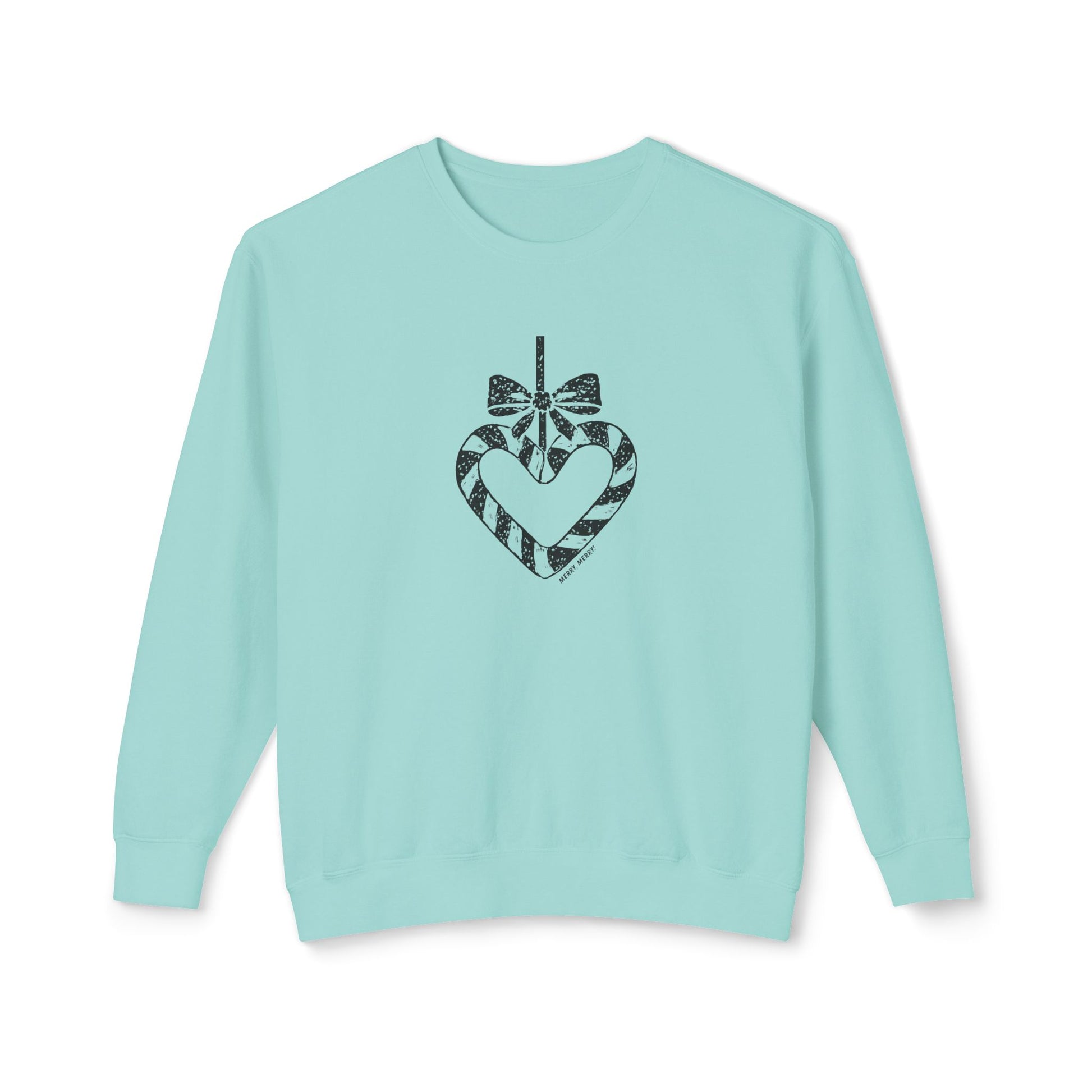 Light blue holiday sweatshirt with a black heart and bow design on a white background