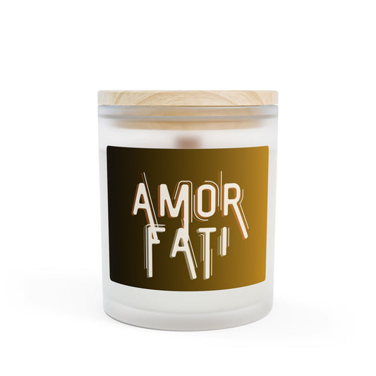 Candle with a wooden lid and 'AMOR FATI' label on a white background