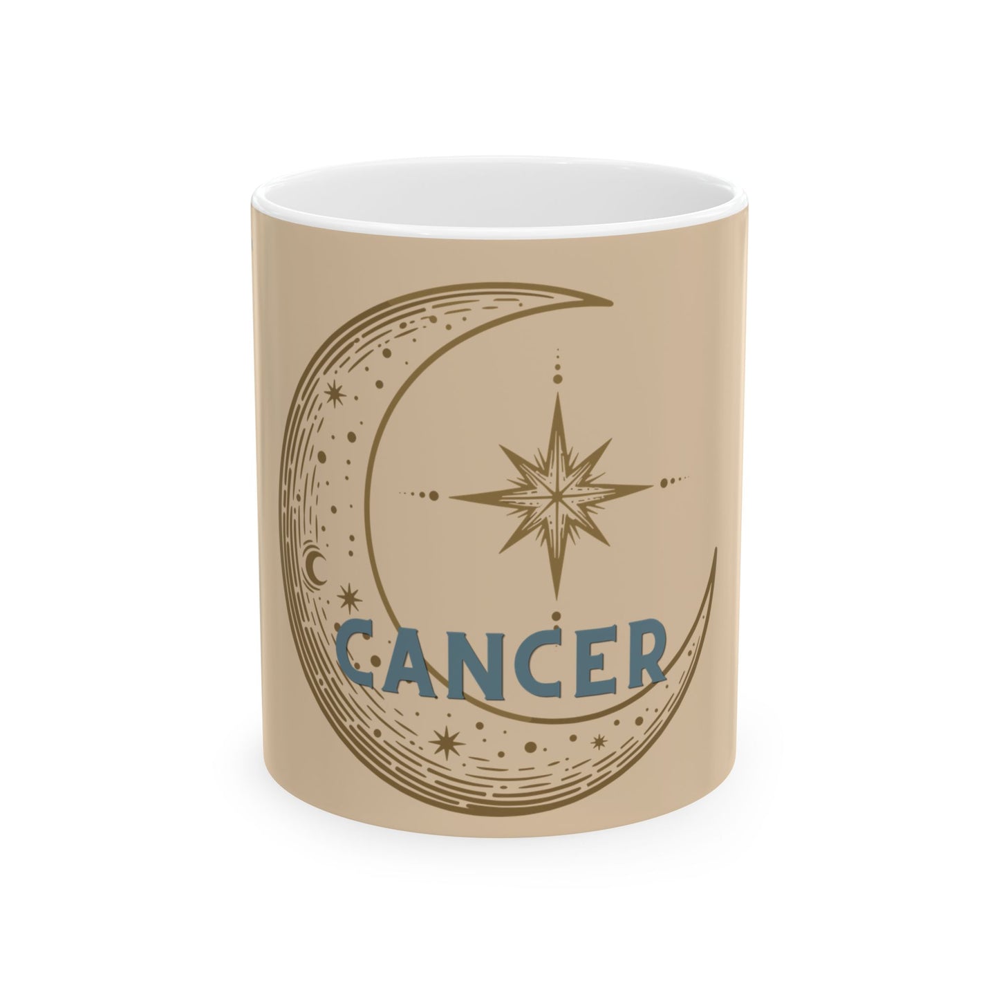 Beige mug with 'Cancer' design featuring a moon and star on a white background