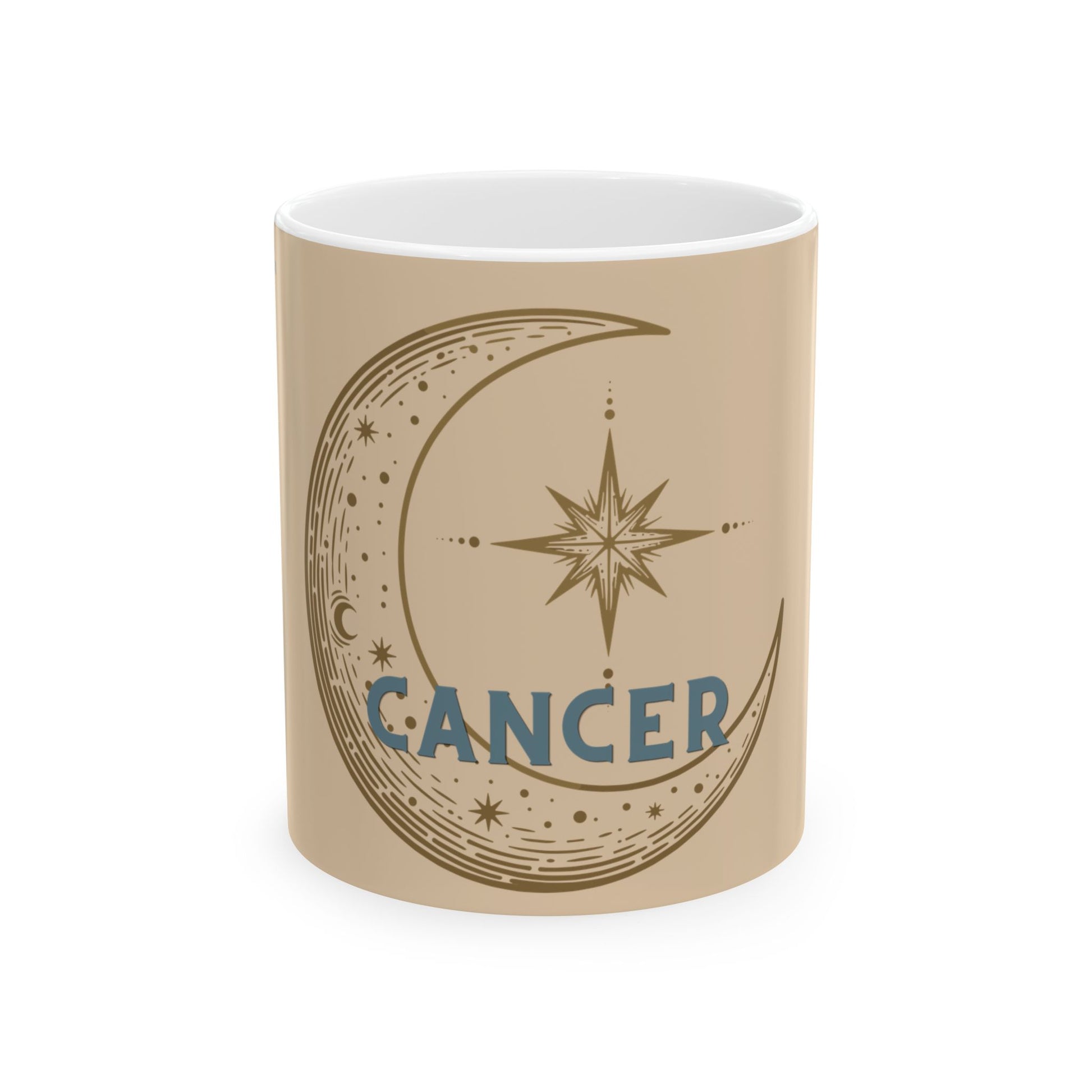 Beige mug with 'Cancer' design featuring a moon and star on a white background