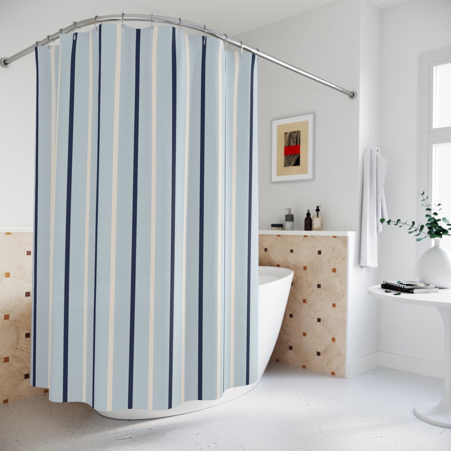 Striped shower curtain in a bathroom with a bathtub and decorative elements.
