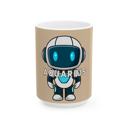 Mug with cartoon astronaut design and 'Aquarius' text on a beige background