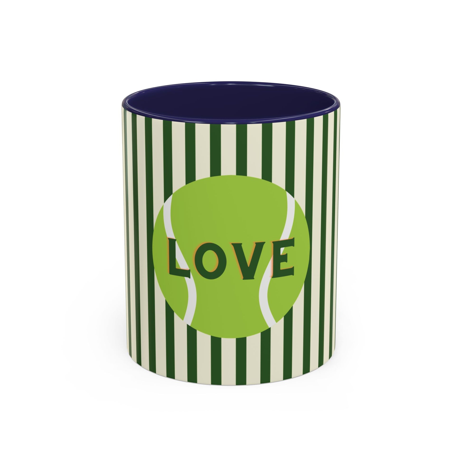 Tumbler with green and white striped design and tennis ball graphic with 'LOVE' text on a white background