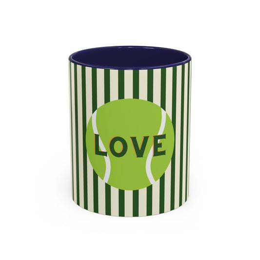 Tumbler with green and white striped design and tennis ball graphic with 'LOVE' text on a white background