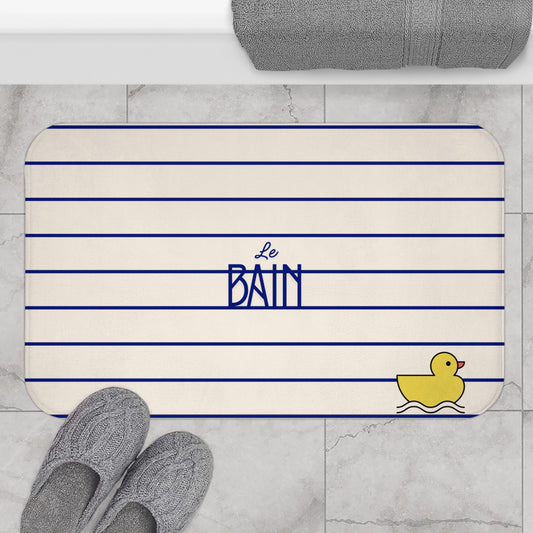 Rubber Duck Bath Mat – Cute 'Le Bain' Striped Bathroom Rug for Kids & Nursery