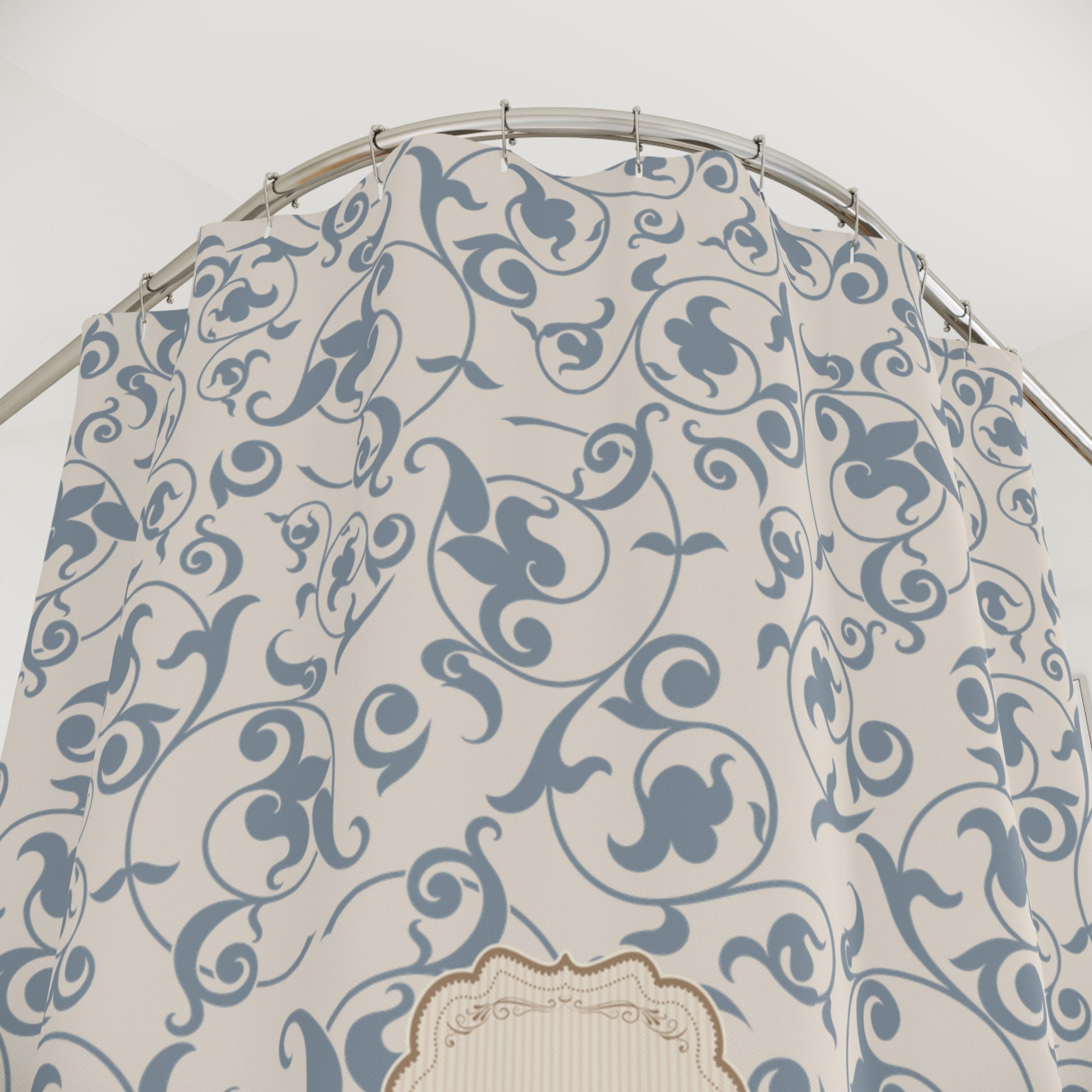 Decorative fabric with blue floral pattern on a white background