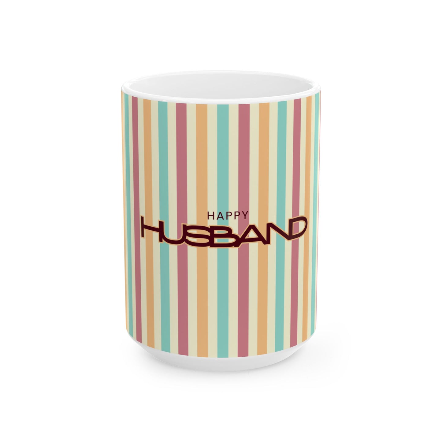 Mug with colorful striped pattern and 'Happy Husband' text on a white background