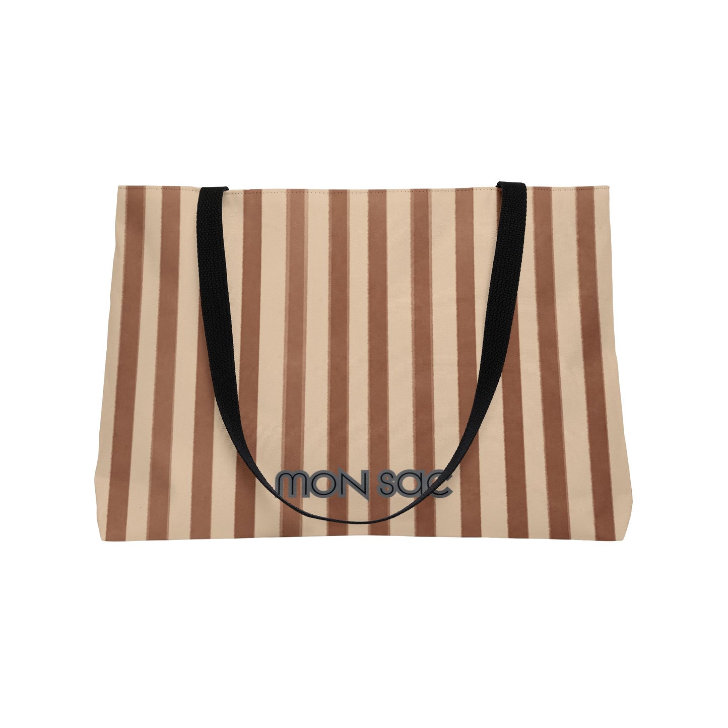 Striped tote bag with 'mon sac' branding on a white background