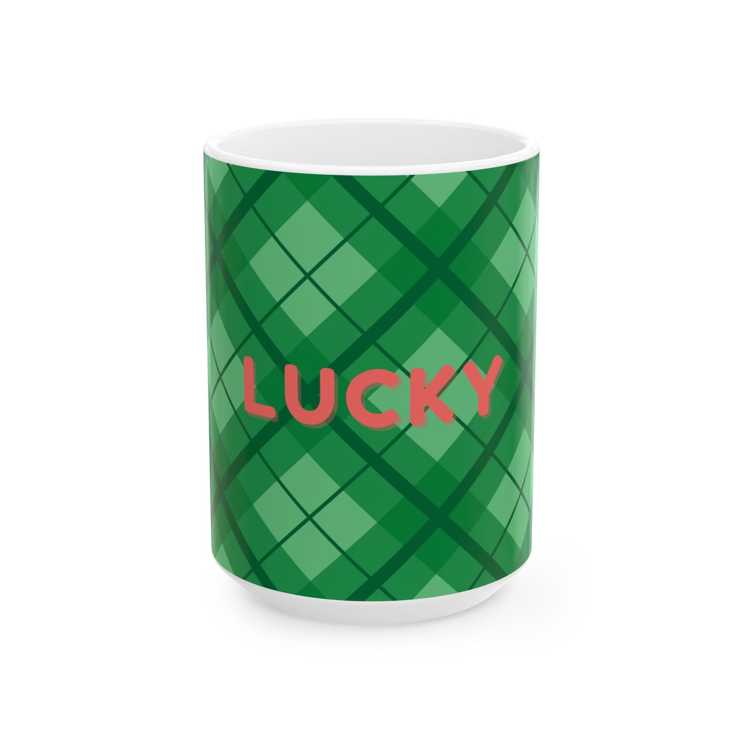 Green plaid mug with 'LUCKY' text on a white background