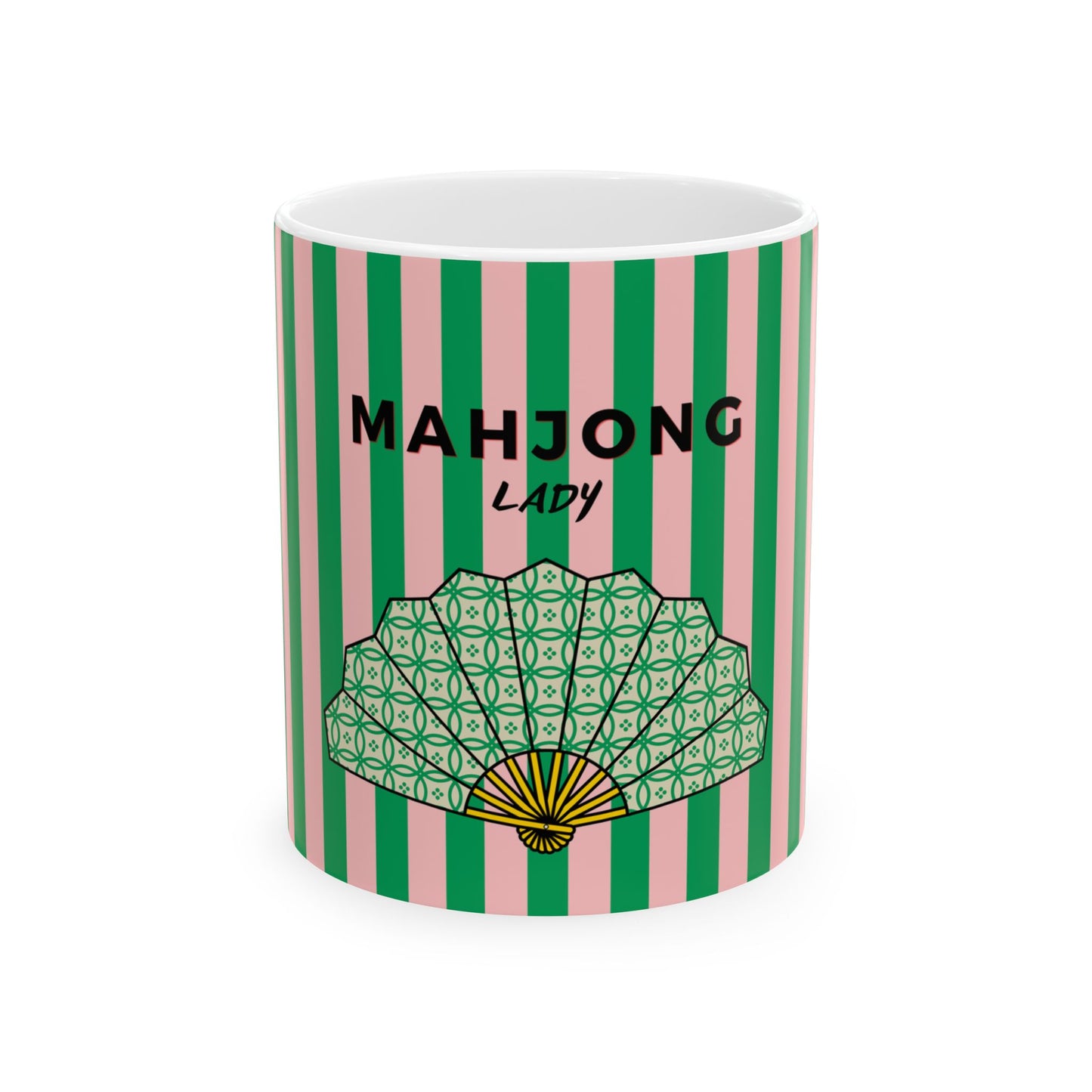 Mug with green and pink striped pattern and 'MAHJONG LADY' text on a white background