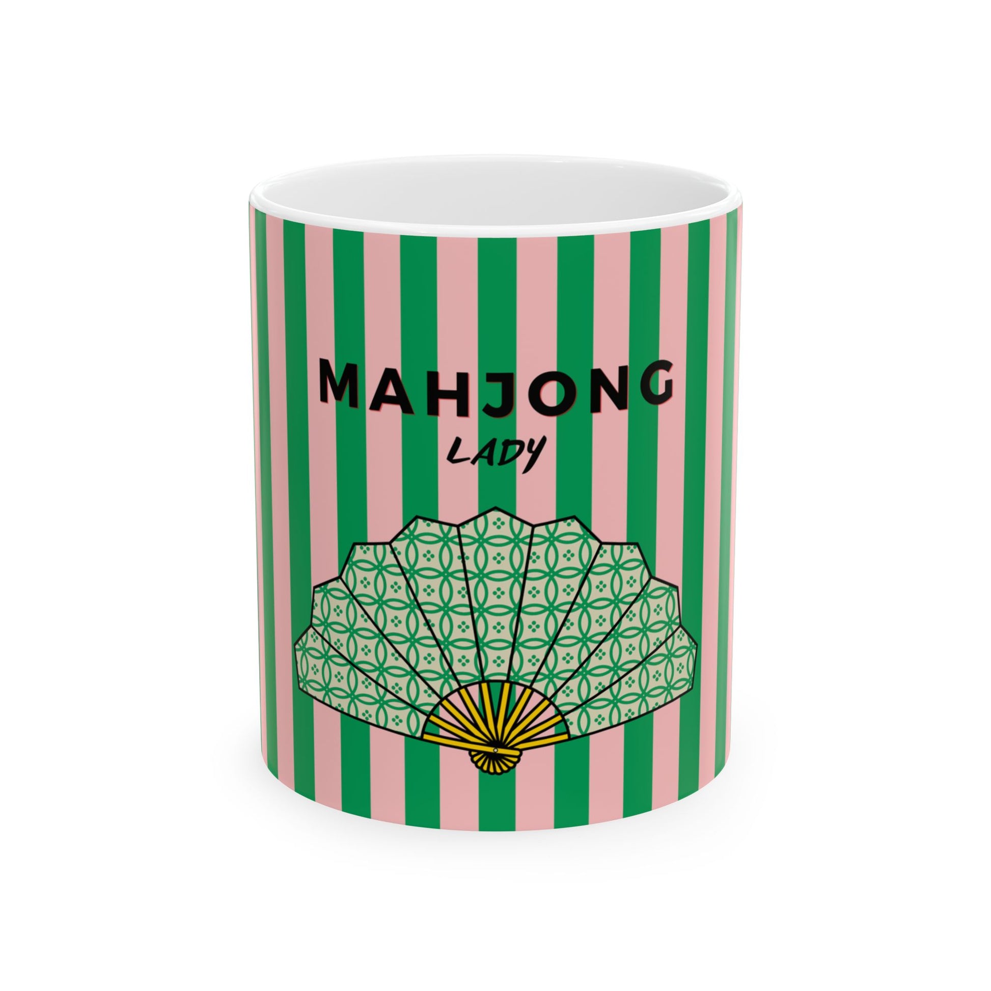 Mug with green and pink striped pattern and 'MAHJONG LADY' text on a white background