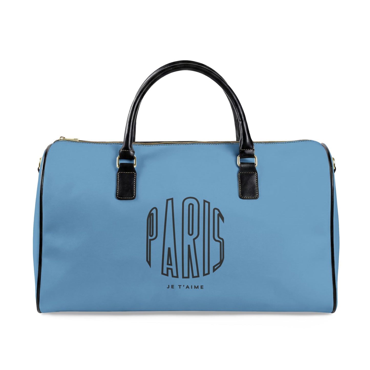 Blue duffel bag with 'Paris Je T'aime' text on a white background