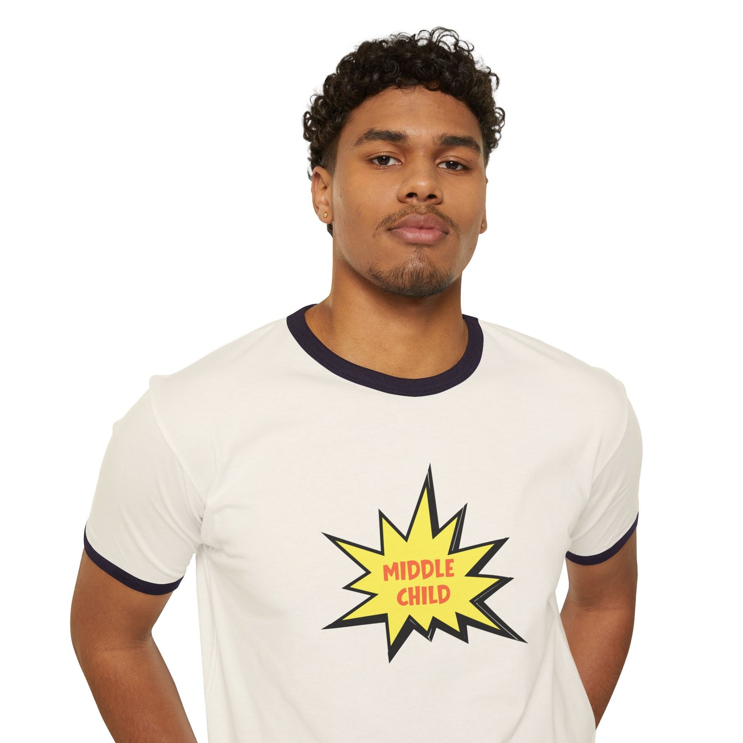 Man wearing a white t-shirt with a yellow 'Middle Child' design on a white background