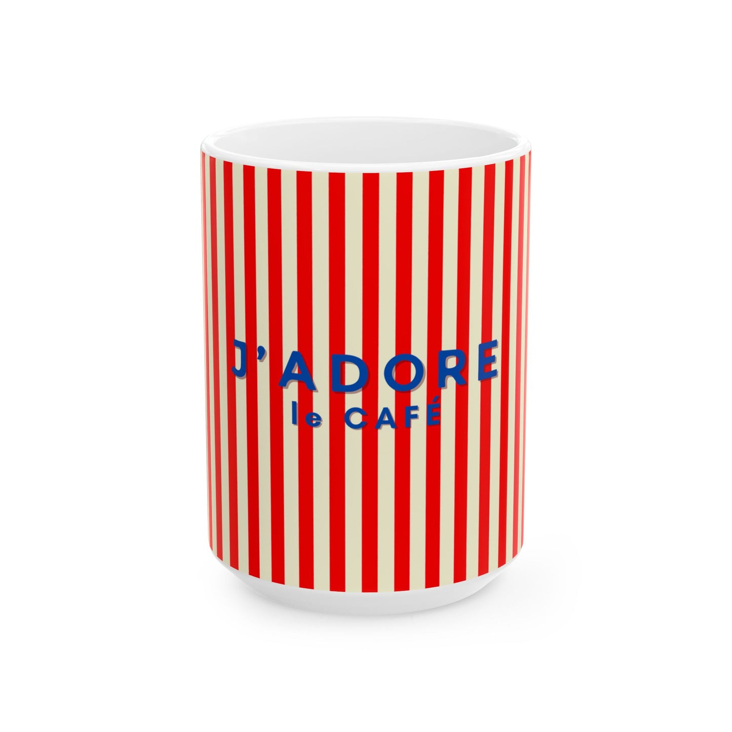 Mug with red and white striped pattern and 'J'ADORE le CAFé' text on a white background