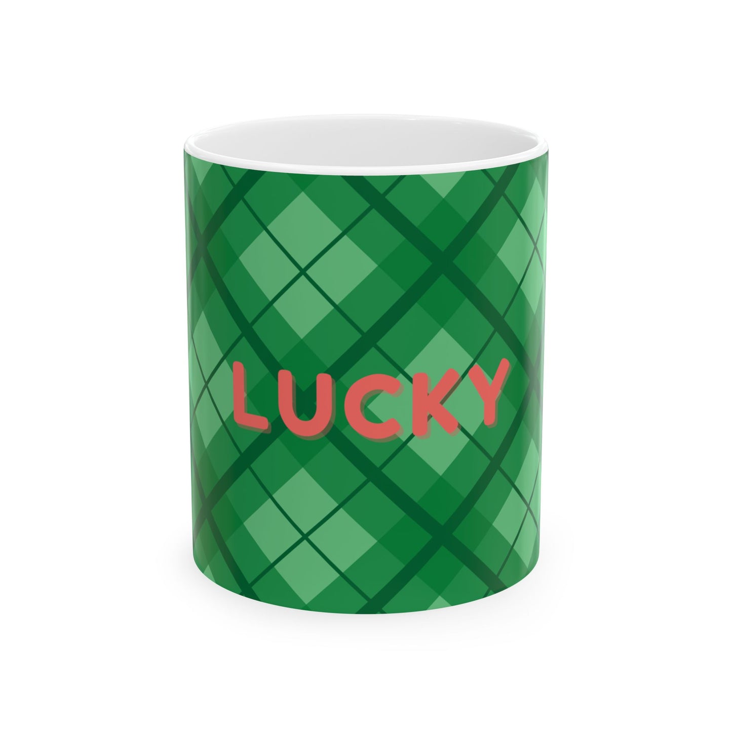 Green plaid mug with red 'LUCKY' text on a white background