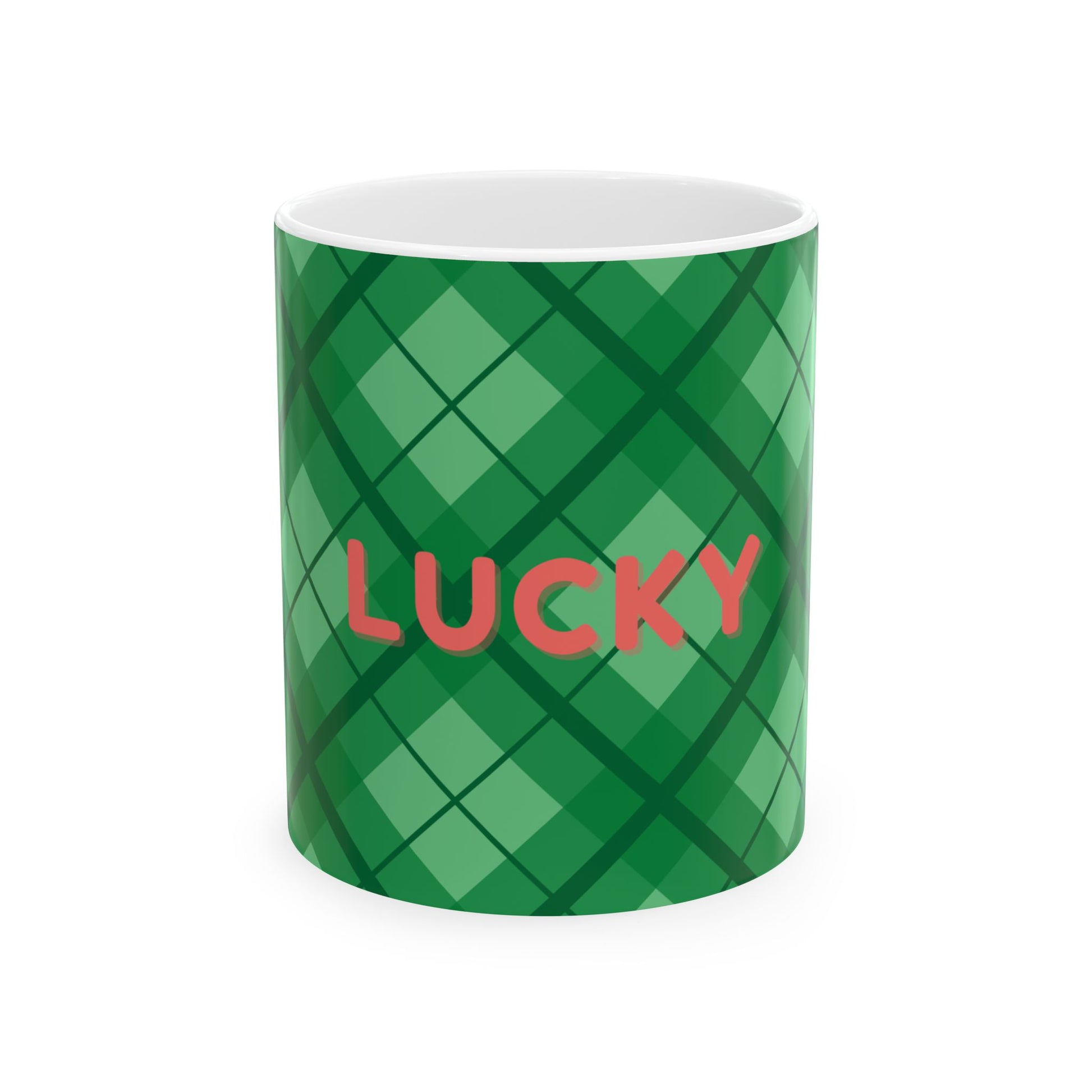 Green plaid mug with red 'LUCKY' text on a white background
