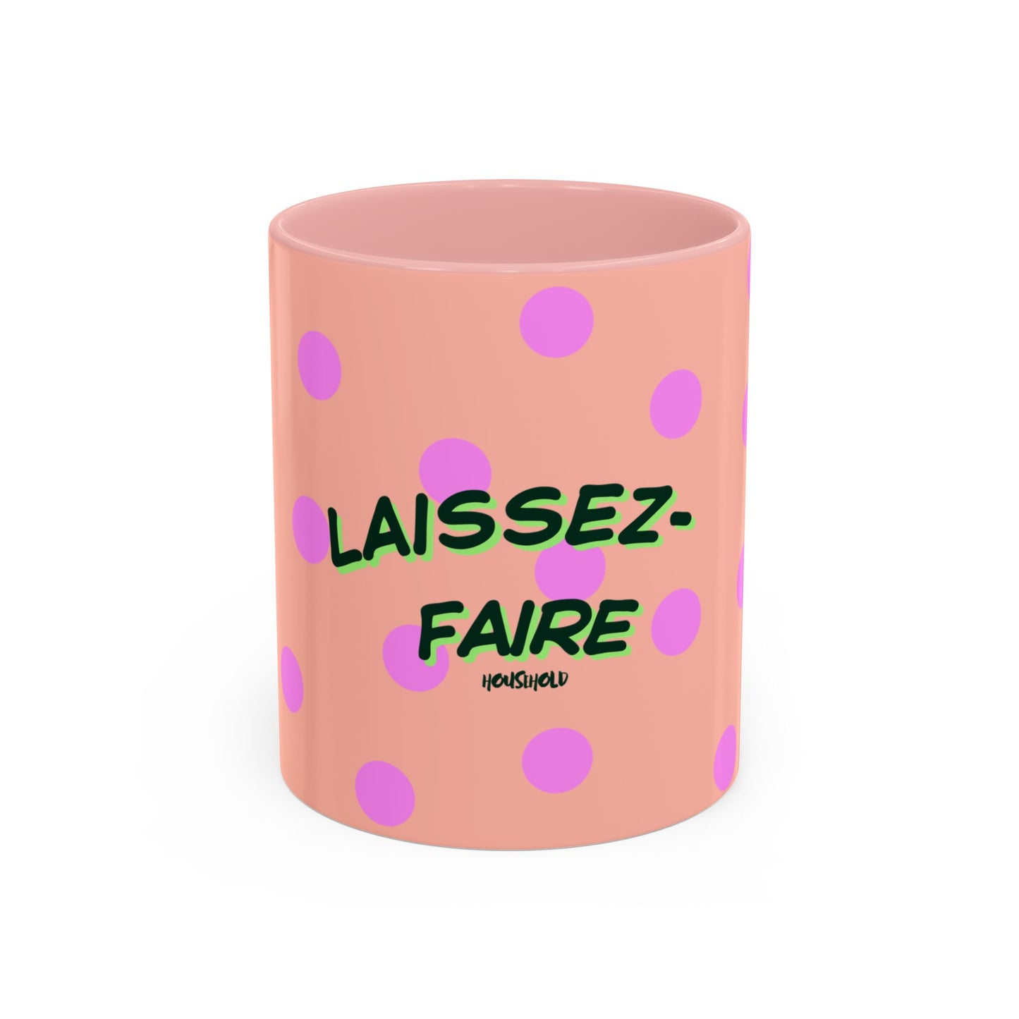 Pink container with polka dots and 'Laissez-Faire' text on a white background