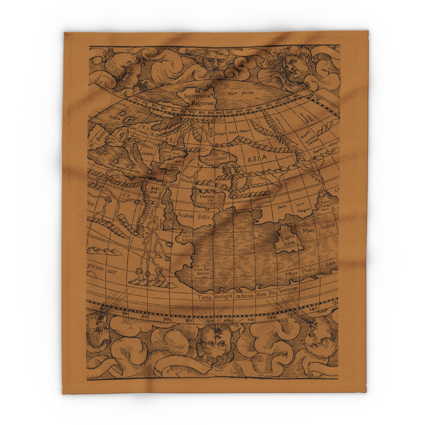 Vintage-style world map blanket on a brown background