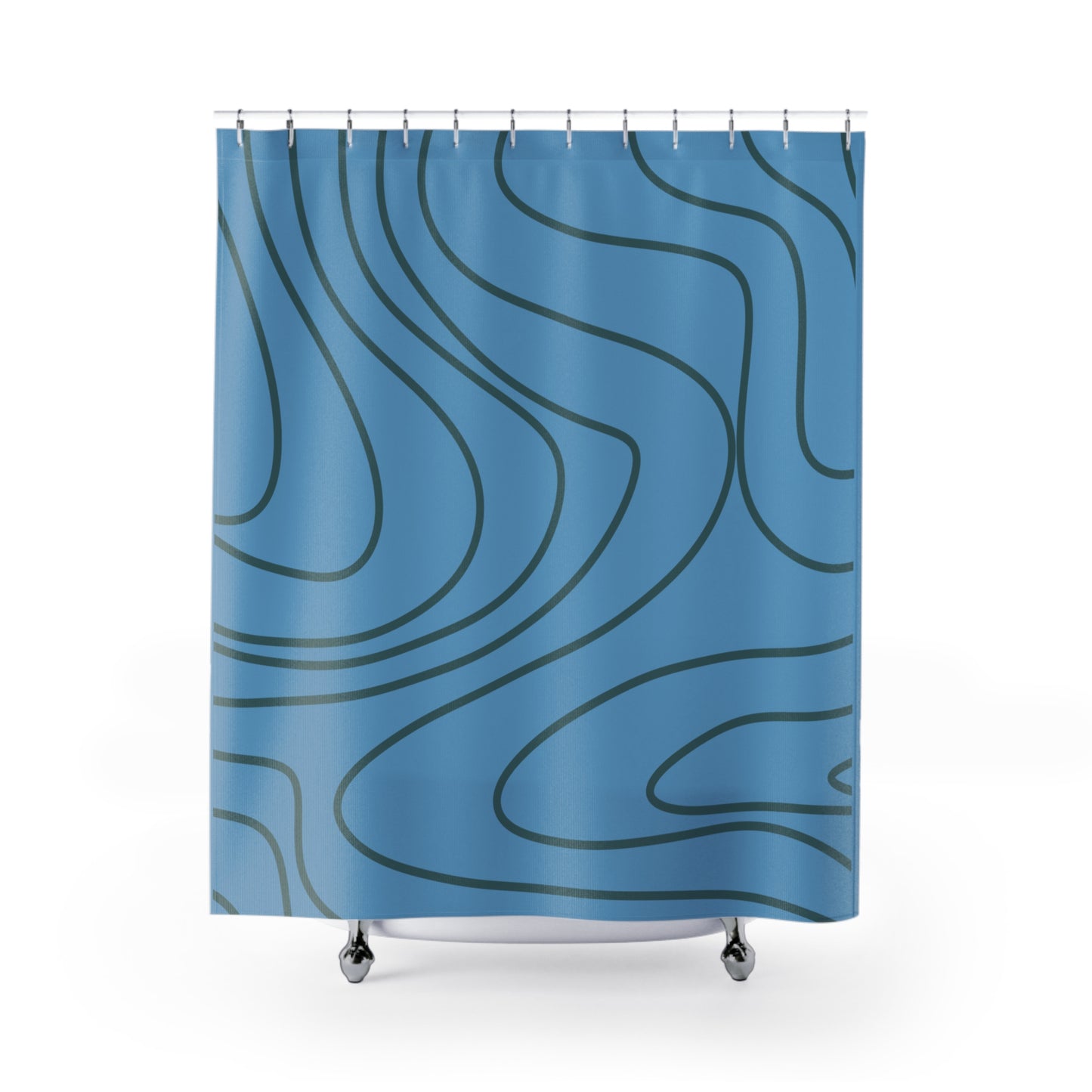 Azure Blue Abstract Wave Shower Curtain, Dark Bathroom Decor