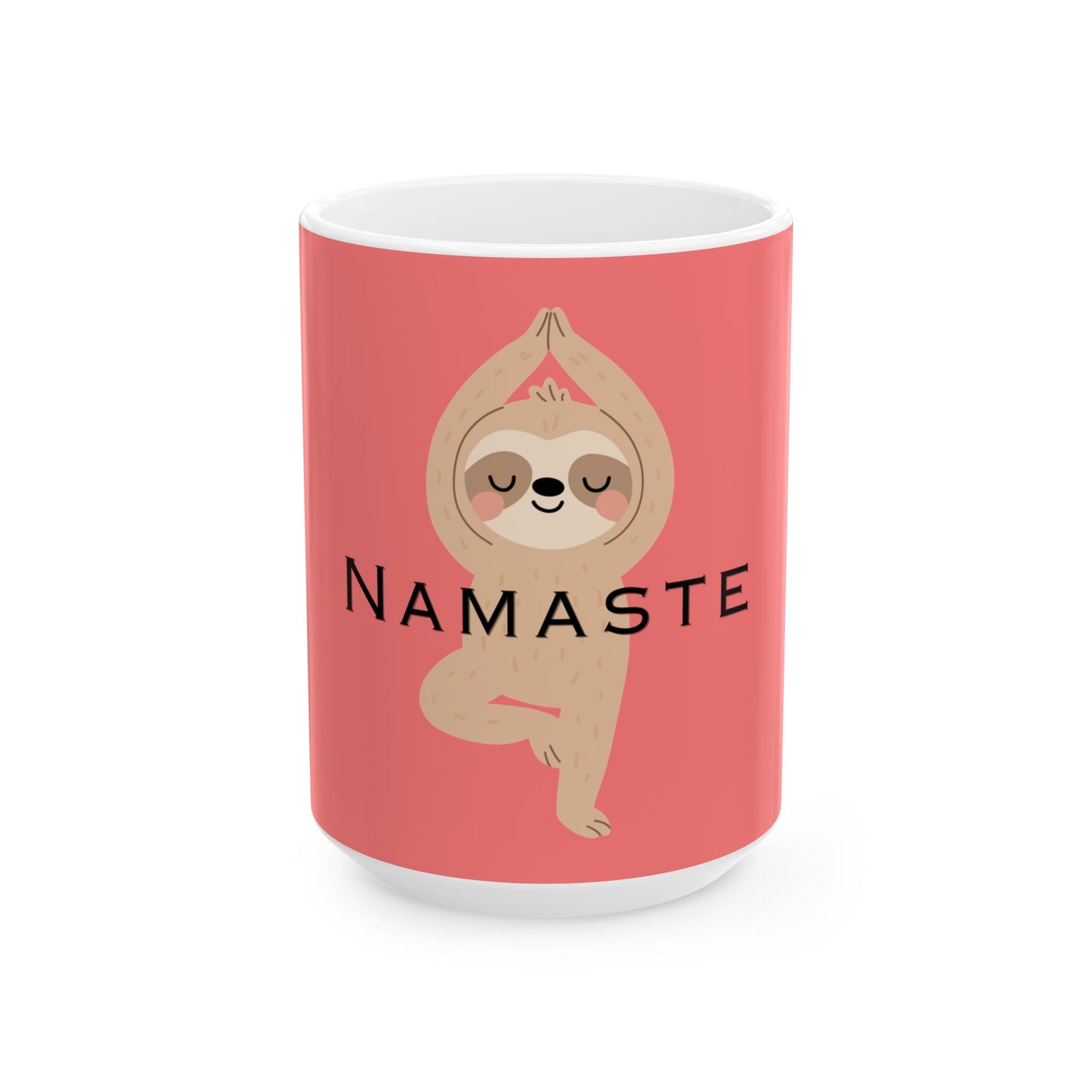 Mug with a sloth doing yoga and 'Namaste' text on a red background