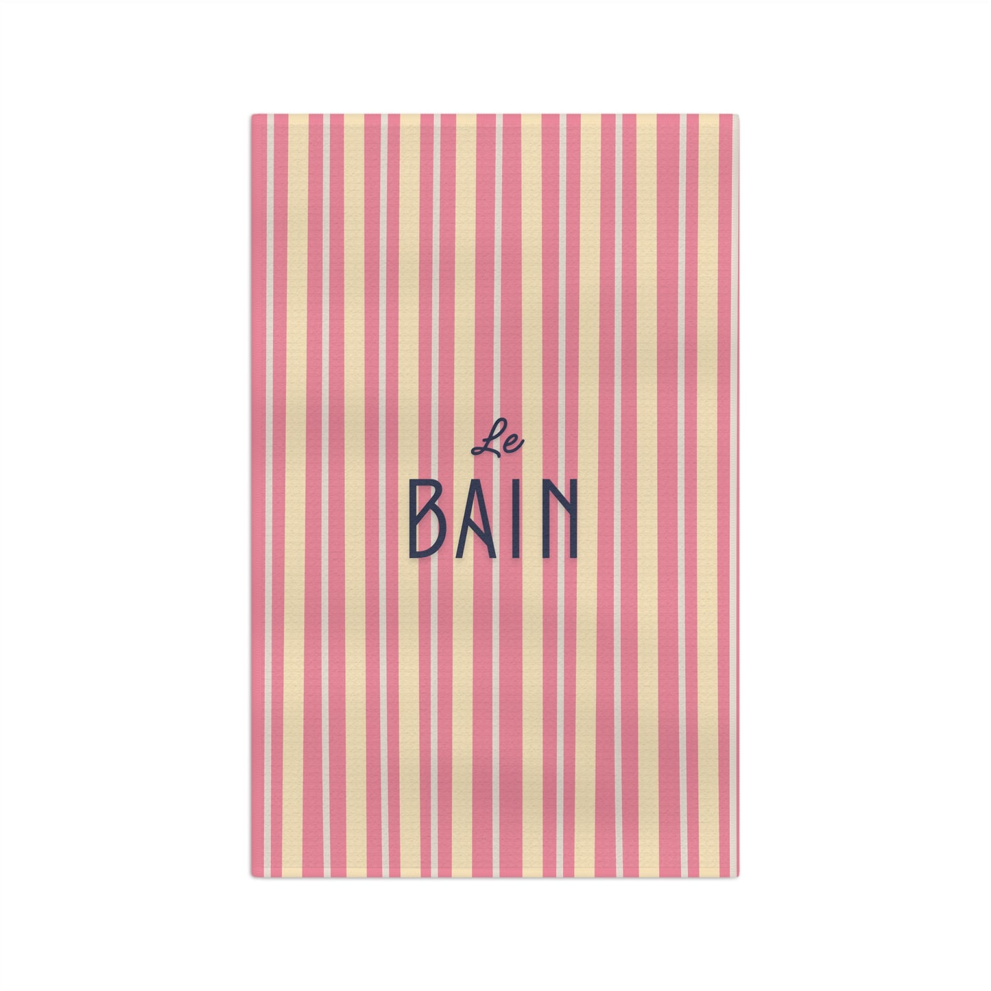 Striped towel with 'Le Bain' text on a white background