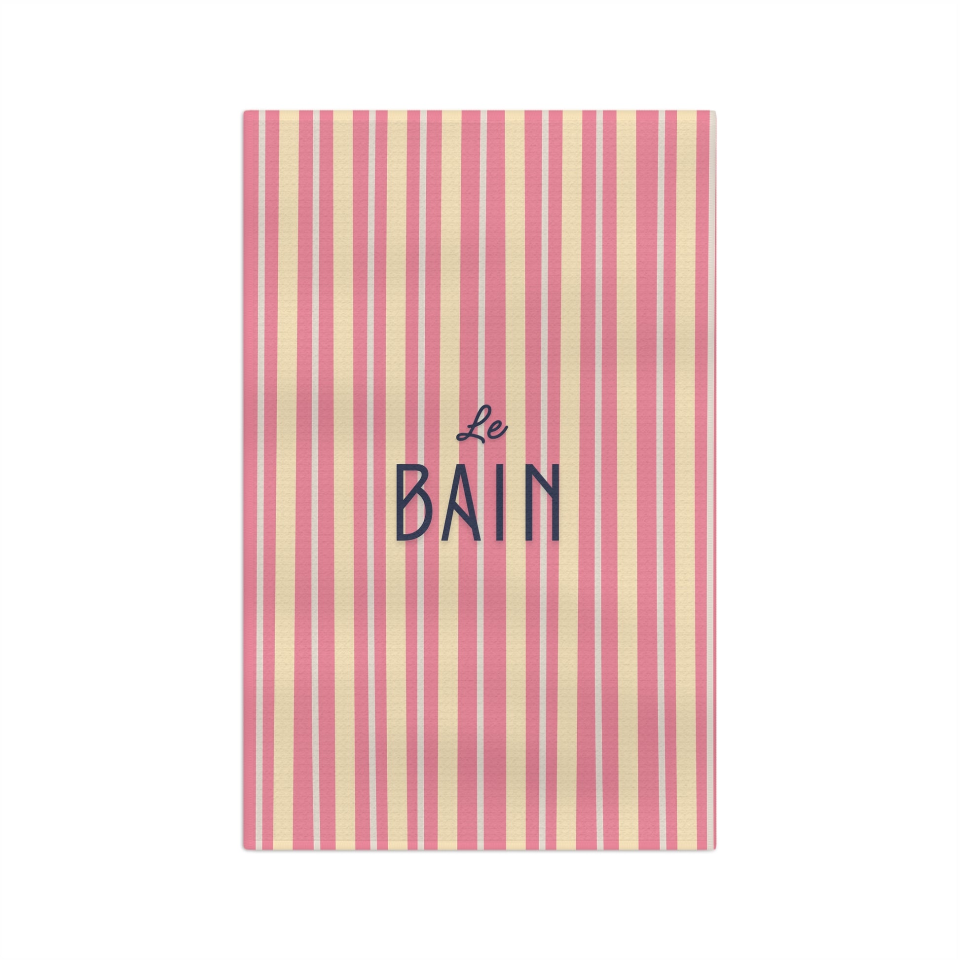 Striped towel with 'Le Bain' text on a white background