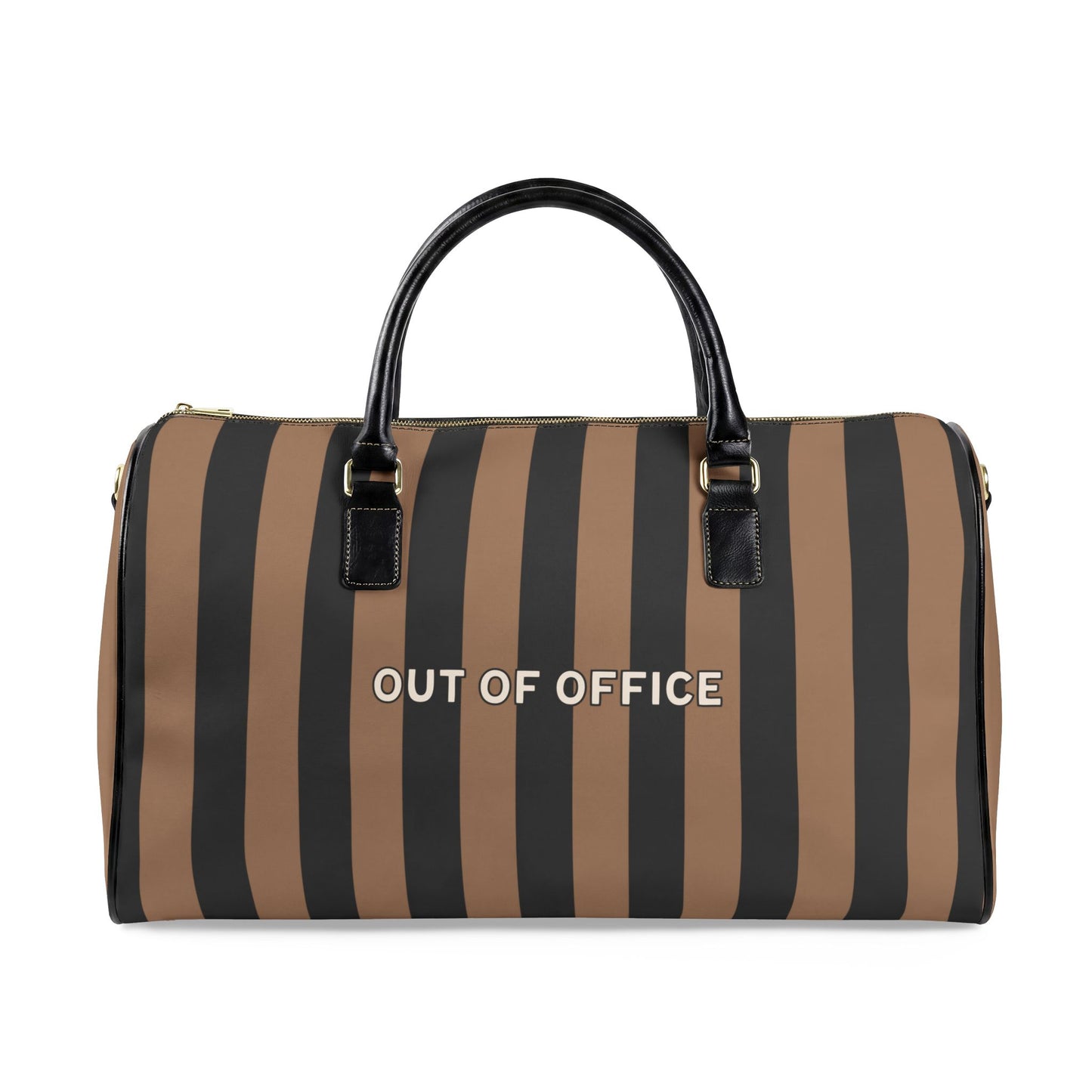 Striped duffel bag with 'OUT OF OFFICE' text on a white background