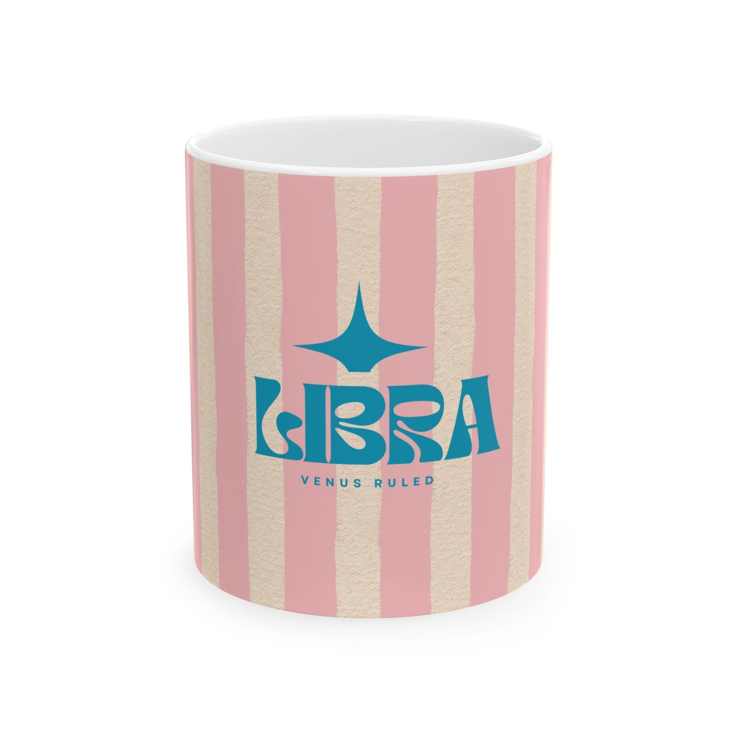 Mug with pink and beige striped design and 'Libra' text on a white background