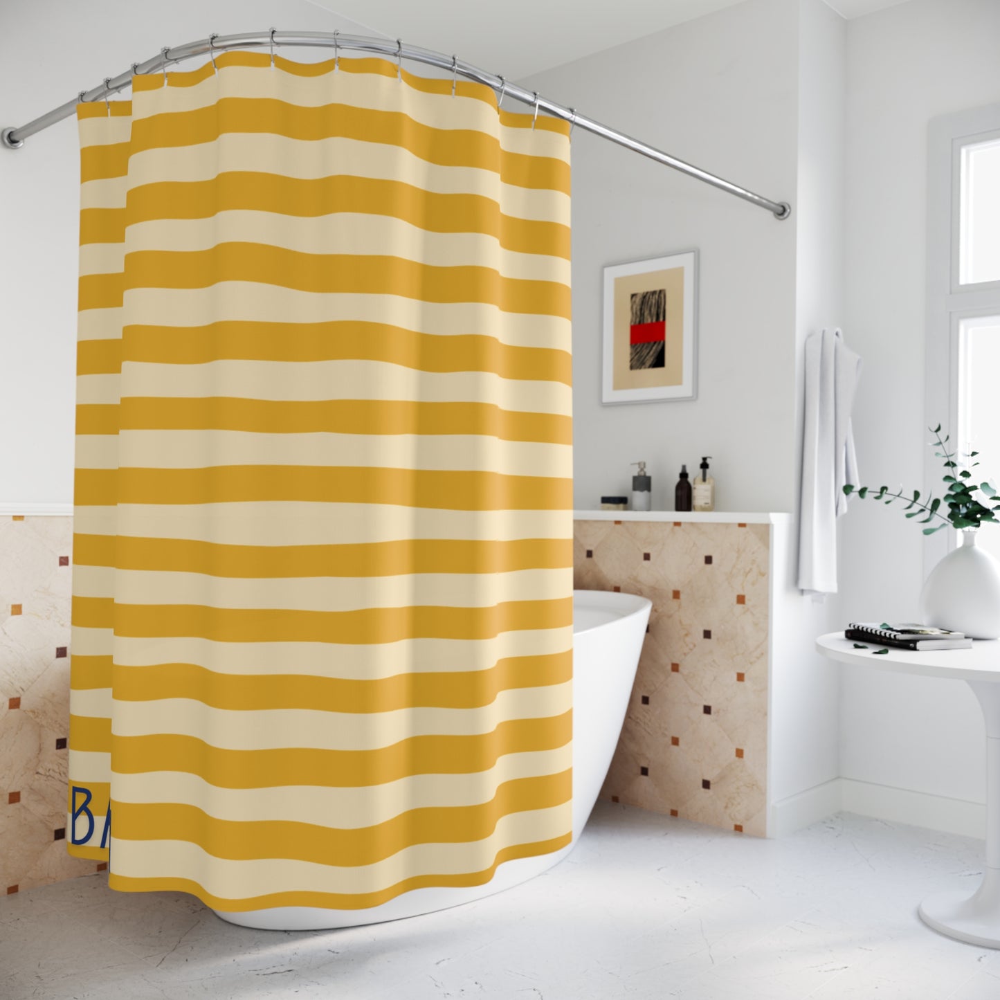 Yellow and white striped shower curtain in a bathroom setting
