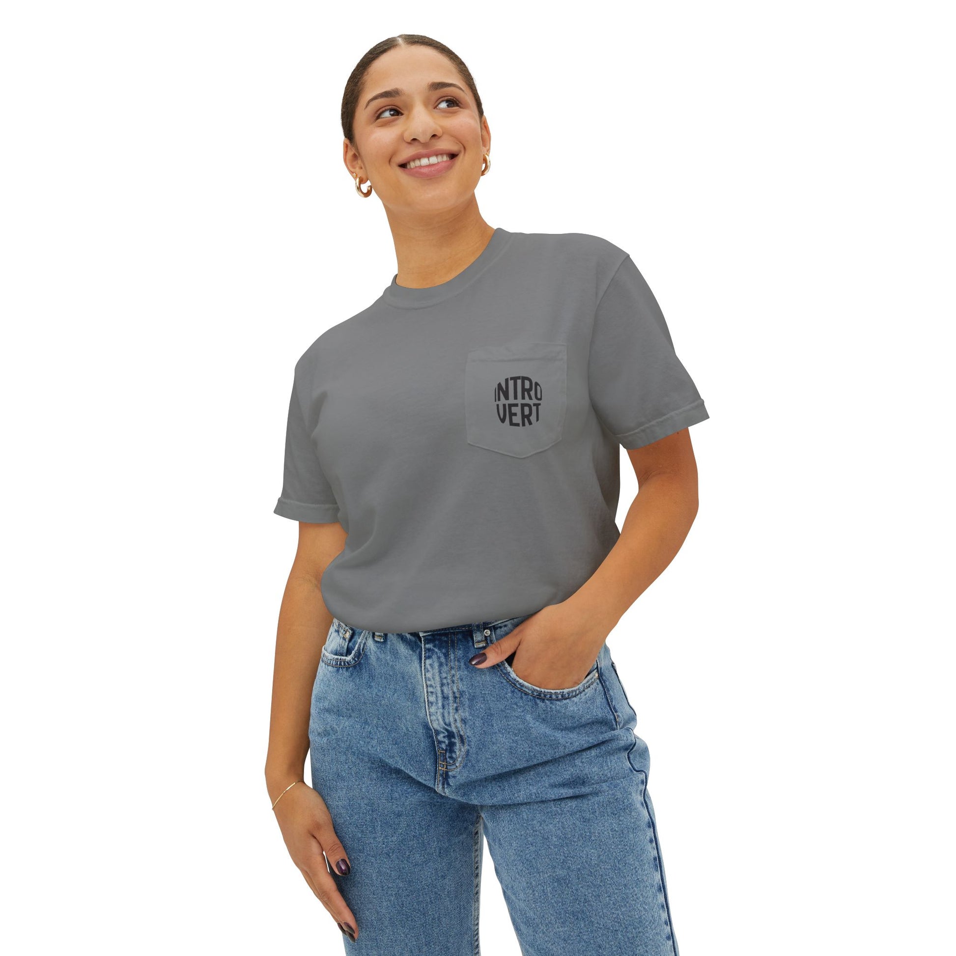 Person wearing a gray t-shirt with a pocket and 'NITRO VERT' branding, standing against a white background.