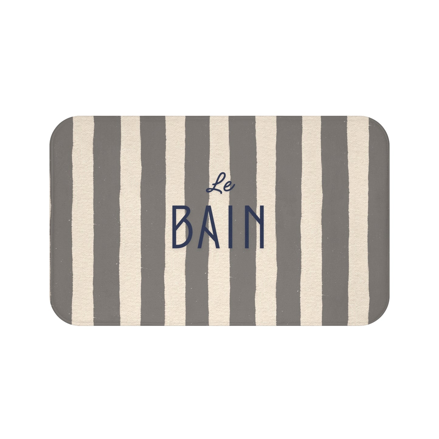 Striped bath mat with 'Le Bain' text on a white background