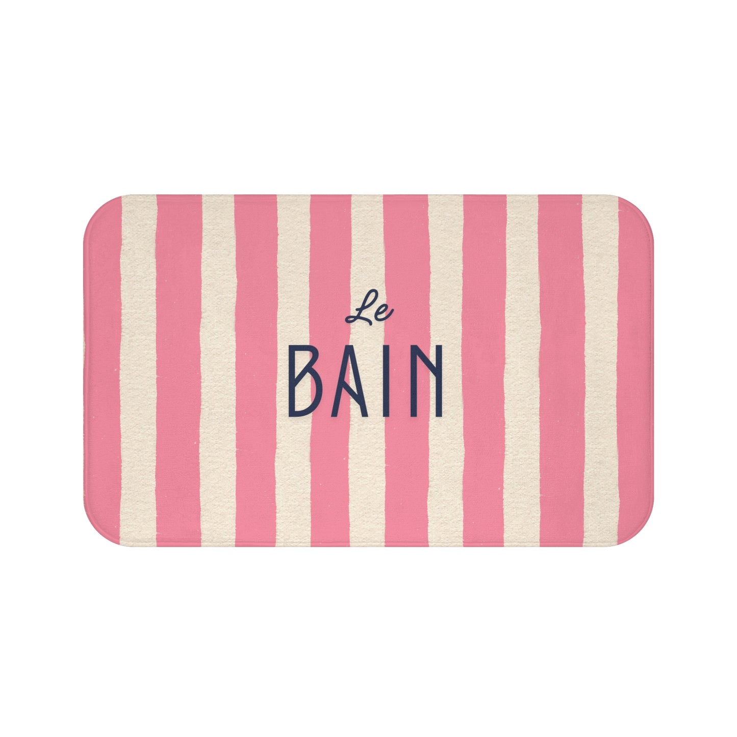 Striped bath mat with 'Le Bain' text on a white background