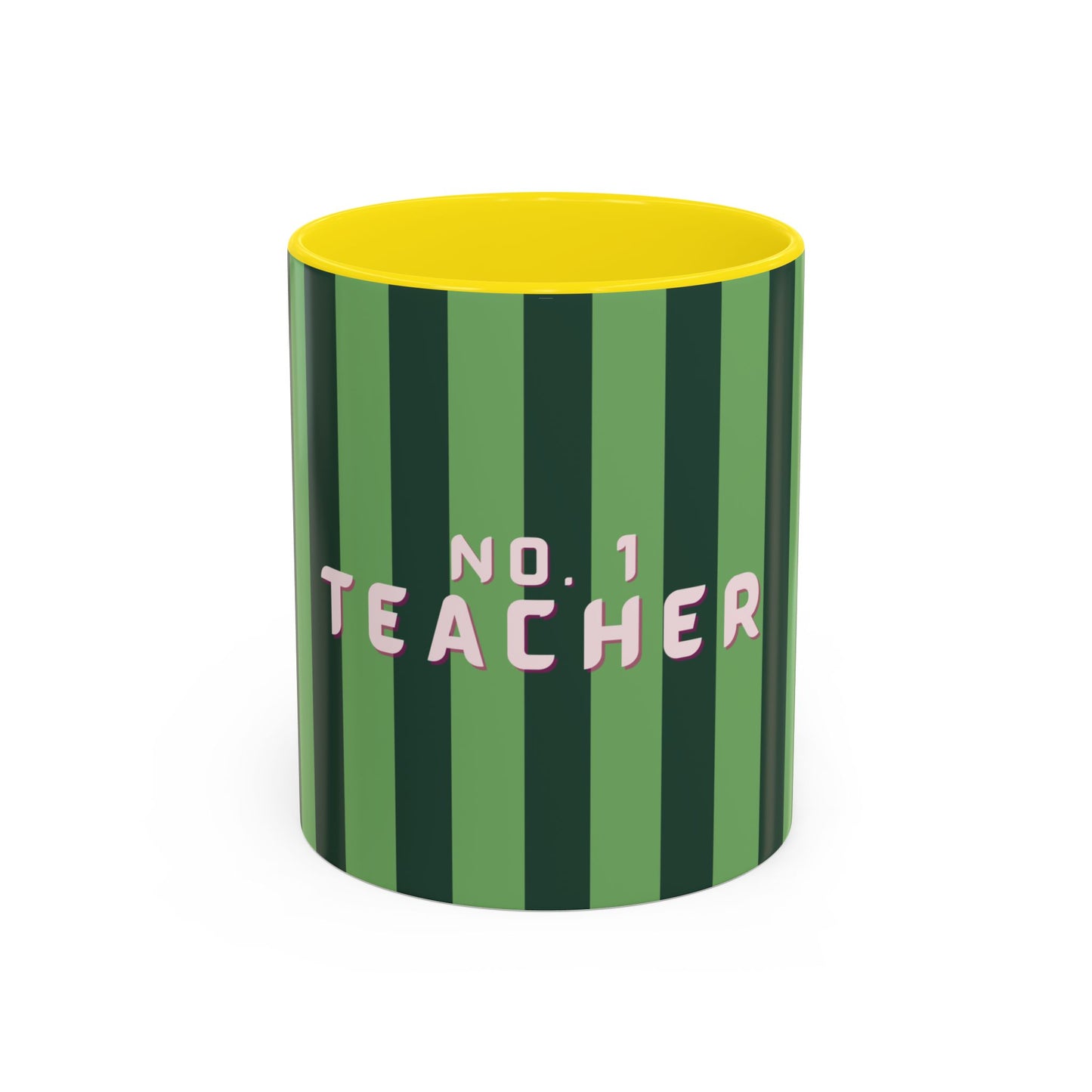 Green and yellow striped mug with 'No. 1 Teacher' text on a white background