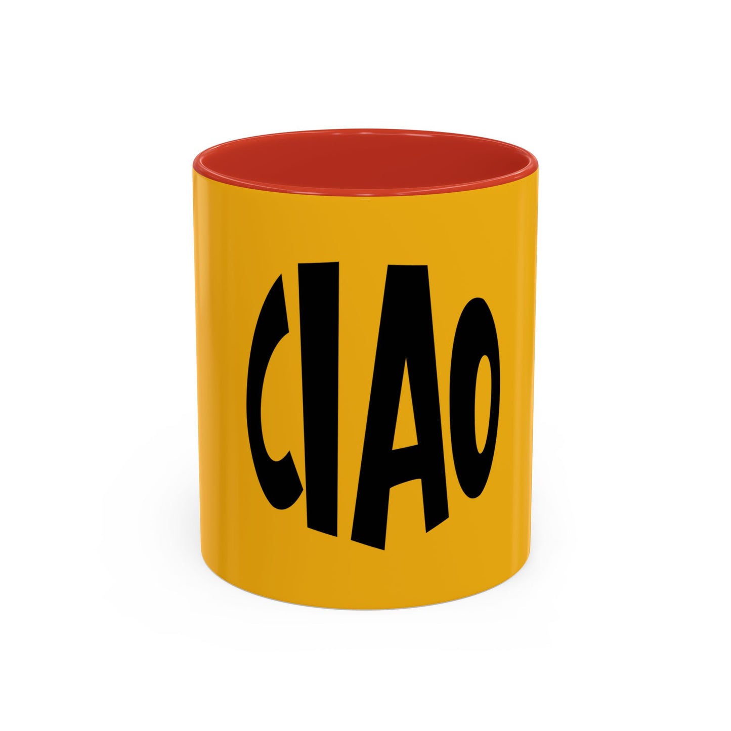 Yellow mug with red interior and black 'CIAO' text on a white background