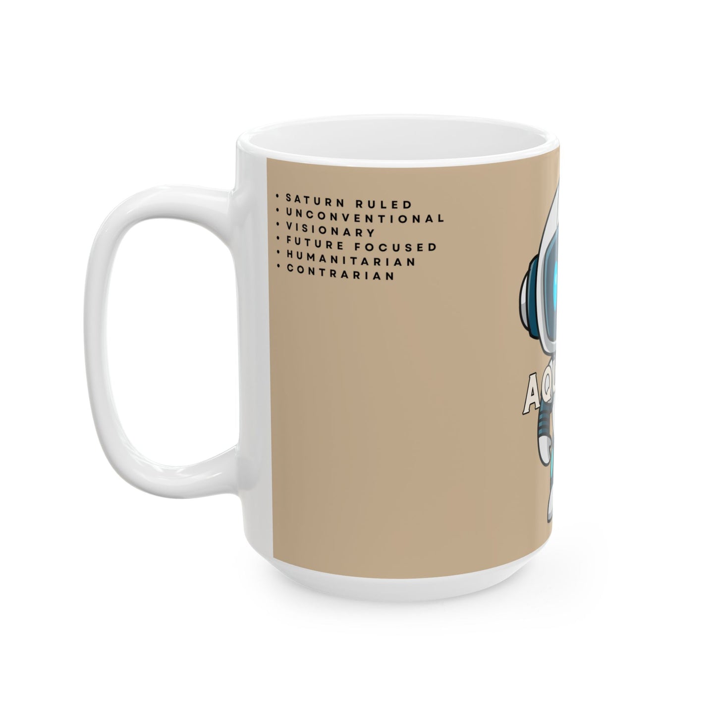 Mug with text and graphic design on a beige background