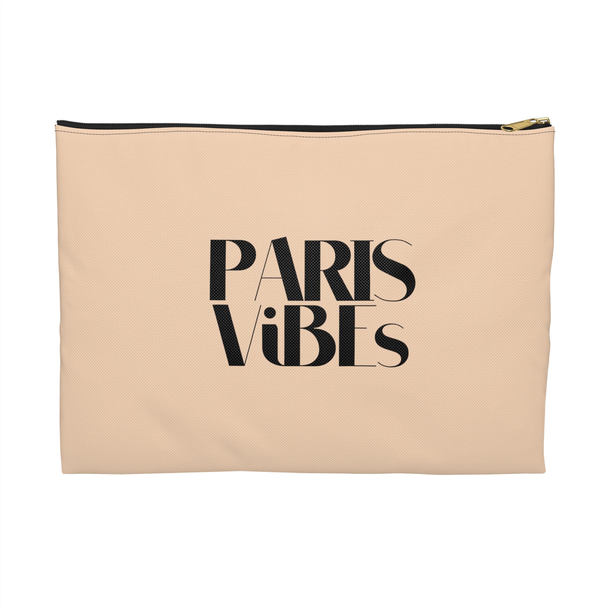 Beige pouch with 'PARIS ViBES' text on a white background