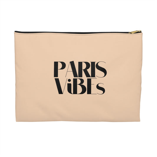 Beige pouch with 'PARIS ViBES' text on a white background