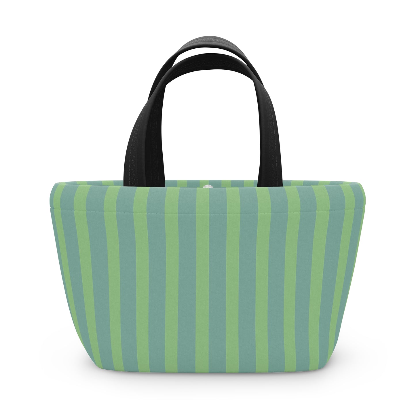 Striped tote bag with green and blue vertical stripes on a white background